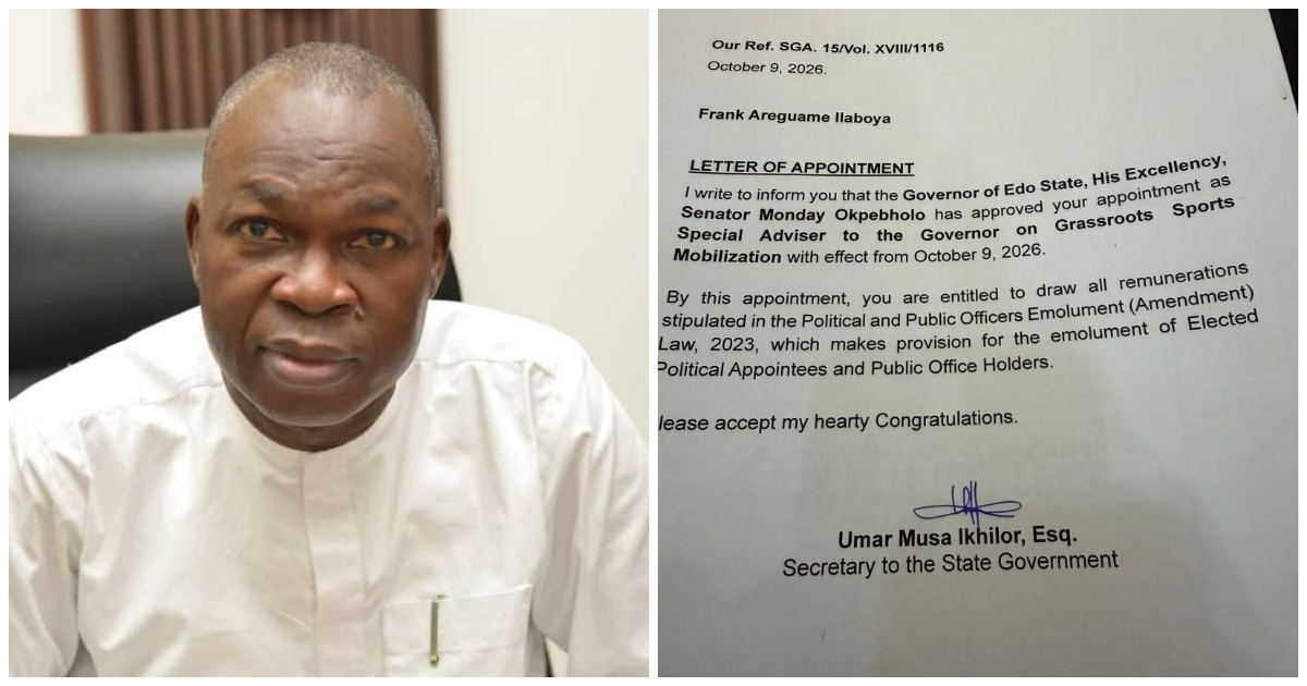 Edo Governor Monday Okpebholo Appoints Frank Areguame Ilaboya Special Adviser on Grassroots Sports Mobilisation