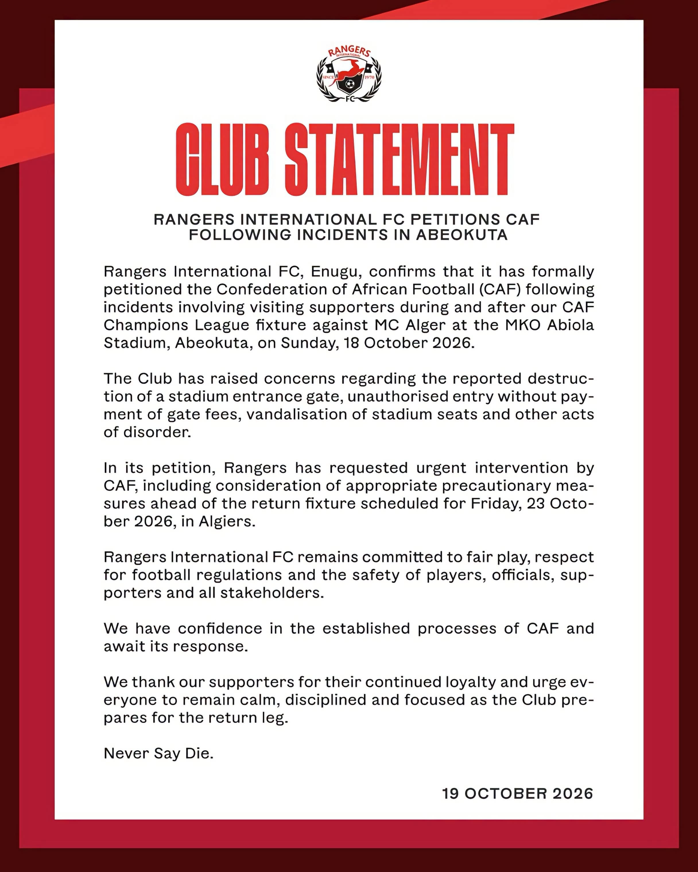 RANGERS INTERNATIONAL PETITION CAF OVER ALLEGED MC ALGER FANS VIOLENCE IN ABEOKUTA